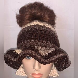 Brown & cream  chunky mess bun hole on top wave brim bucket crochet hat